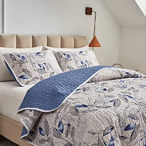 Joyreap 3 Pieces Microfiber Quilt Set, Botanical Blue Leaves On Light Gray Reversible Design, Bedspread Bed Cover For All Season, 1 Quilt And 2 Pillow Shams (Full/Queen, 90X90 Inches) #TOP2