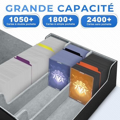 Miyacare Boîte à Cartes Pour MTG, Trading Card Storage Box Contenir à 1800+ Cartes Sans Pochette avec 8 Compartiment, Boîte à Rabat Magnétique avec Cuir pu pour Cartes Magic TCG (Noir+Gris, 1800+) - Image 3