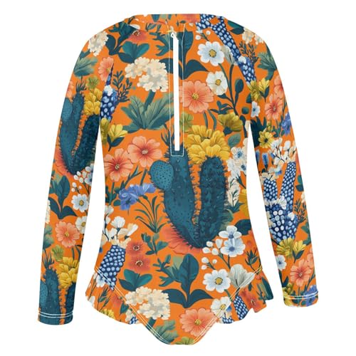 KLL Spring Flowers Cactus Bleeding Heart Hyacinth Orange Long Sleeve Swimsuit for Girl 1 Piecing Swimsuits Girls Rashguard Bathing Suit 7-8T2