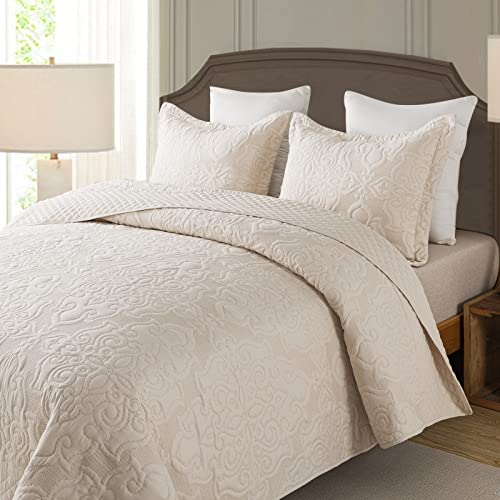 NEWLAKE Quilt Bedspread Set, Beige Jacquard Embossed Floral Pattern Reversible Embroidered Microfiber Coverlet Sets, Queen Size
