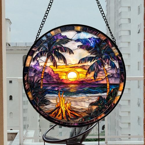 Image of DASTOLL Stained Glass Window Hanging,Bonfire Beach Landscape Suncatcher Diamond Glass Panel Sun Catchers Decor for Birthday for Women, Men, Wife, Aunt, and Mom 14.9x14.9 in