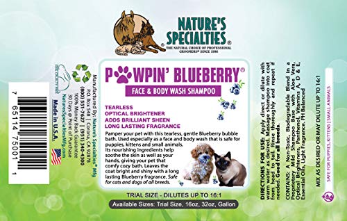 Image of Nature's Specialties Pawpin' Blueberry Ultra Concentrated Dog Face and Body Wash for Pets, Makes up to 2 Gallons, Natural Choice for Professional Groomers, Tearless Formula, Made in USA, 16 oz