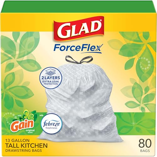 Image of Glad ForceFlex Tall Kitchen Drawstring Trash Bags, 13 Gal, Gain Original, 80 Ct (Package May Vary)