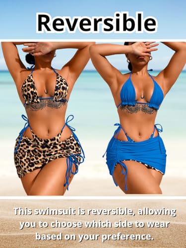 Image of ShawGobow Womens 3 Piece Leopard Bikini Set,Triangle String High Cut Thong Sexy Swimsuit & Coverup Skirt,Pool Party Outfit