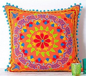 PDTXCLS ATAZUA Embroidered Orange Cotton Suzani Indian Cushion Cover. 20" X 20"