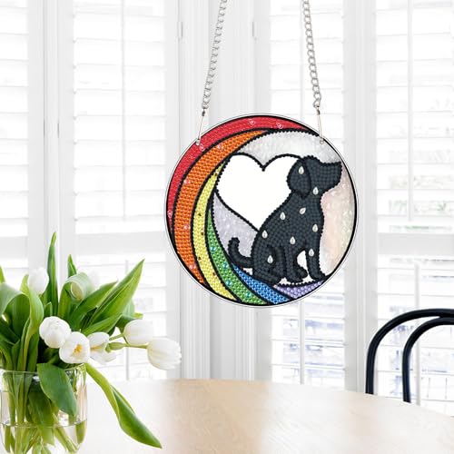 Image of DIY Diamond Painting Sun Catcher Hanging Sign Dog, Pet Memorial Diamond Art Window Ornament Kit for Adults, Colorful Gem Art Craft Kit for Home Wall or Door Decoration