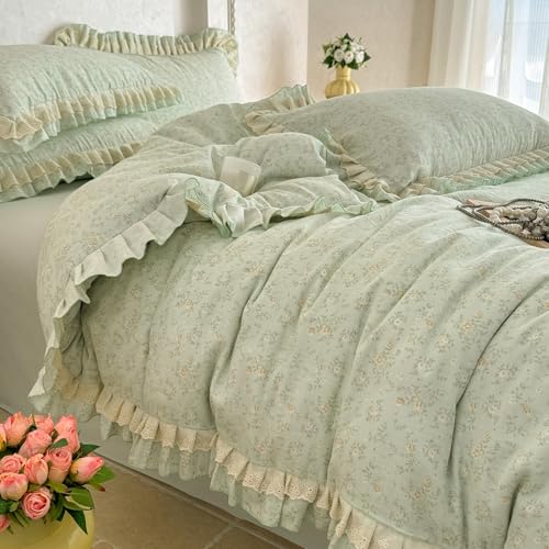 Image of VM VOUGEMARKET Ruffle Duvet Cover Set Twin,Vintage Sage Green Floral Duvet Cover with Romantic Ruffles,Double-Layer Gauze Cotton Bedding Set,Comfy,Breathable & Lightweight for Teen Girls-68 x86