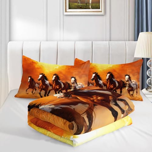 Image of AILONEN Galloping Horses Comforter Set Queen Size,Sunset Orange Theme Bedding Sets for Boys Girls Teens Adults, All Season 1 Quilt and 2 Pillowcases, 3 Piece
