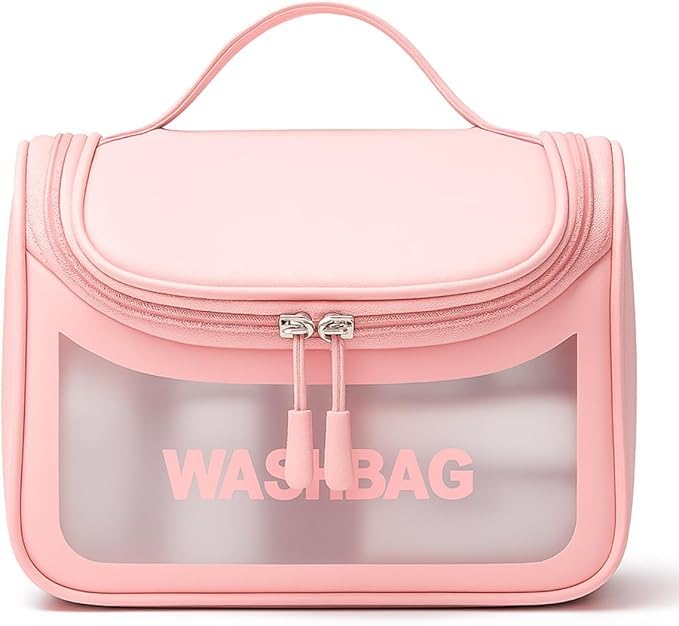 Necessaire Transparente Viagem Bolsa Ideal para Cosméticos Maquiagem Higiene Pessoal Fechamento com Zíper Fácil Acesso Design Moderno Funcional Impermeável (Rosa)