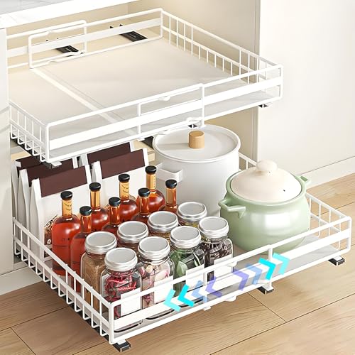 TOJUNE 2 Cajones Extraibles para Cocina, Ancho Ajustable Expandibles con 3 Rieles Deslizantes, Autoadhesivos/Perforadores con Nano Película para Cocina, Despensa, Sala de Estar (Blanco) (Juego M+L)