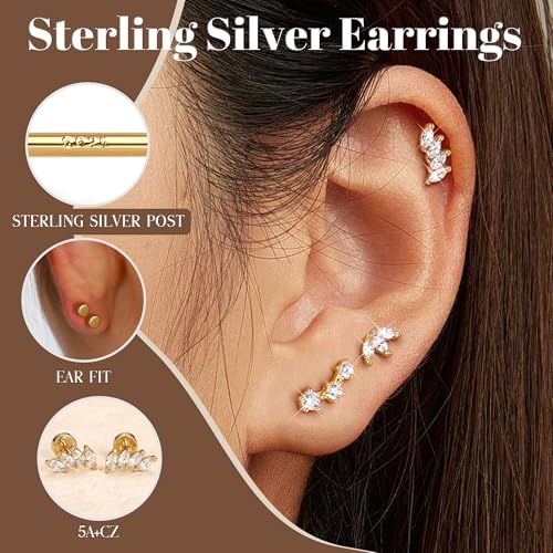 YADOCA Sterling Silver Flat Back Earrings for Women Hypoallergenic 14K Gold Plated Flatback Stud Earrings Trendy Cartilage Helix Conch Tragus Piercing Jewelry 3 Pairs Dainty CZ Opal Earring Set3