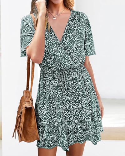 KIRUNDO Womens Summer Dresses 2026 Casual Spring Short Sleeve V Neck Ruffle Floral Print High Waist Belted Flowy Mini Dress(Dark Green, Medium) — view 5