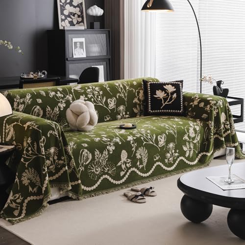 DREAMINGO Green Floral Couch Cover Farmhouse Botanical Jacquard Sofa Covers for 3 Cushion Couch Cozy Chenille Living Room Furniture Futon Sectional Sofa Slipcovers Washable, X-Large 71