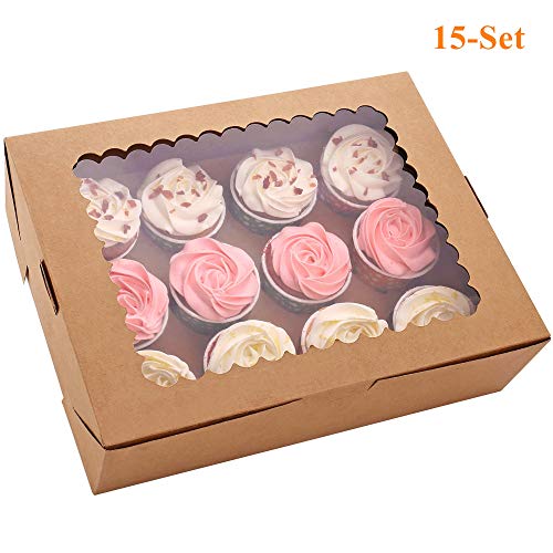 15-Set Cupcake Boxes Hold 12 Standard Cupcakes, Brown Cupcake Carrier, Cupcake Containers, Food