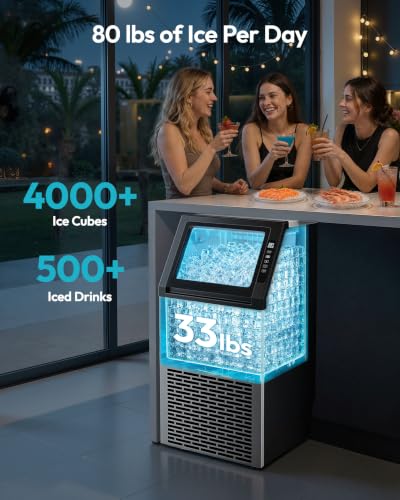 Image of EUHOMY Commercial Ice Maker Machine,80lbs /24H Stainless Steel Under Counter Ice Machine with 33lbs Storage Bin, Freestanding Ice Maker for Home /Bar /Cafe /Restaurant
