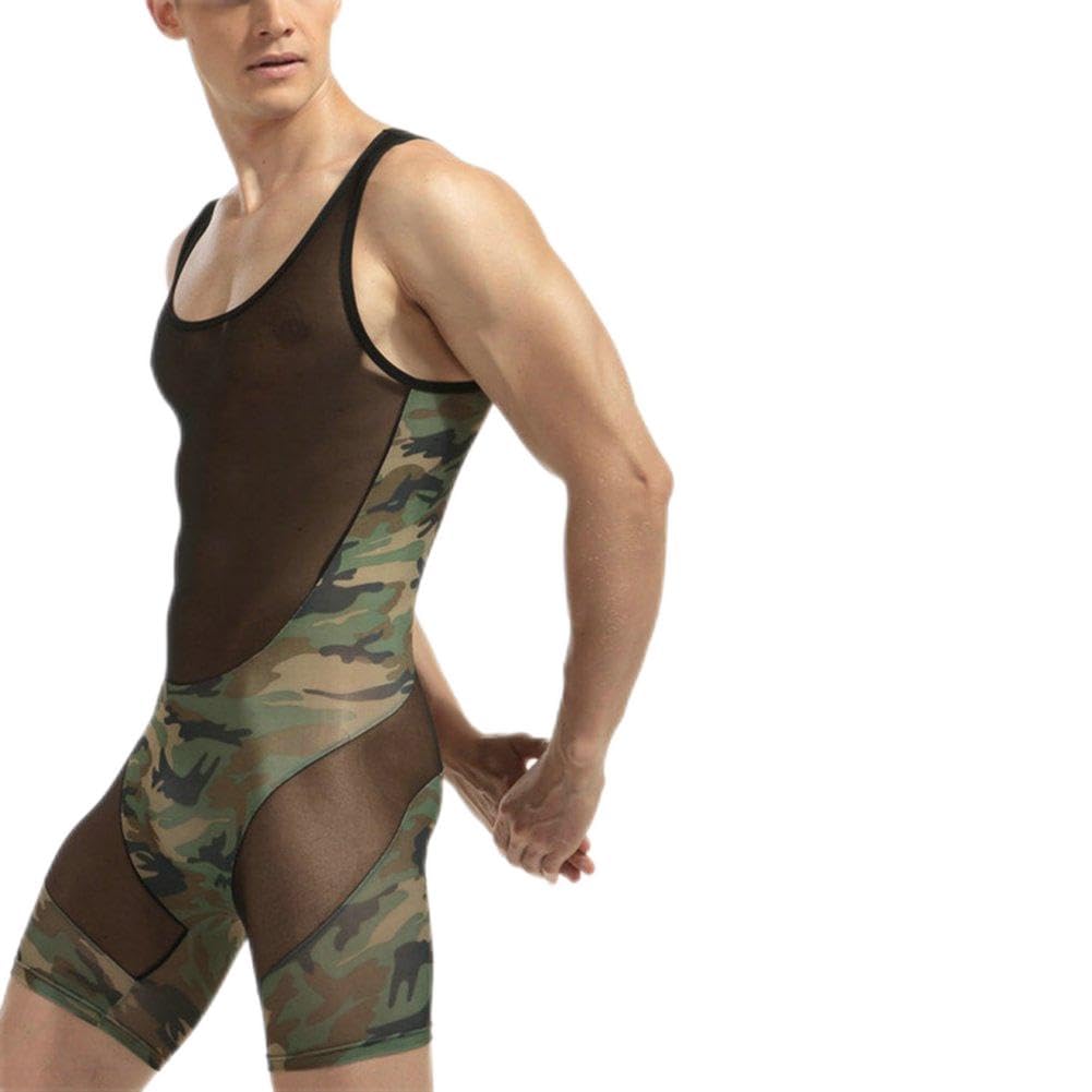 Livingly Light Men's Camouflage Tank top One Piece Wrestling Singlet Bodysuit Leotard Underwear