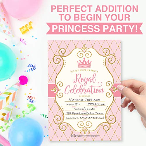 Image of Hadley Designs Kids Birthday Invitations Girl Princess Theme - 25 Royal Birthday Party Invitations For Girls, Princess Invites For Girls, Cute Party Supplies, Made in USA