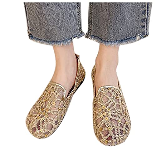 Hbeylia Women's Slip-On Ballet Flats Glitter Sequin Breathable Mesh Slip On Flats Loafers Round Toe Dress Shoes Walking Shoes for Women Ladies Girls (Gold, 8)
