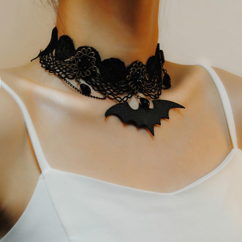 Black Bat Lace Choker Necklace for Women Halloween Chram Pendant Necklace Gothic Prom Party Choker Vampire Collar Clothing Accessories - Image 2