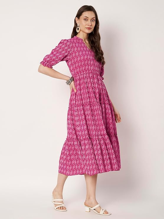 Image of PIDAVLIYA'S Women's Floral Summer Maxi Dress I Cotton Printed I One Piece Bodycon Midi Dress with V-Neck, Puffed Sleeves