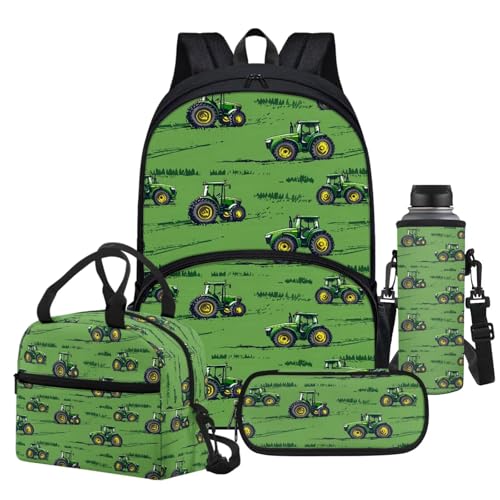 Green Tractor Backpack Toddler Boy Tractor Schoolbag and Lunch Box Pencil Bag Water Bottle Holder 4Piece School Bag Sets Farm Tractor Backpacks for Boys 6-8 Elementary School Bookbag