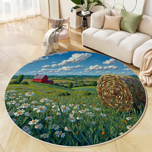 Tapis rond lavable 140cm imprimé marguerite rouge pour salon - 3