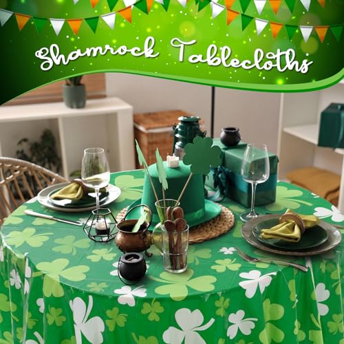 Image of Hahafelt 3 Pcs St Patricks Day Plastic Round Tablecloth 84 Inch Green Shamrock Disposable Table Cover Irish Lucky Clover Circular Table Cloth for St Patricks Day Picnic Birthday Party Decoration