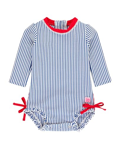 Image of RuffleButts Baby-Girls Seersucker Long Sleeve Rash Guard - One Piece Swimsuit UPF 50+ Toddler