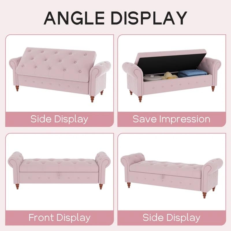 Image of LEGACY OF COMFORT F4 Velvet Upholstered Storage Bench Sofa Bench Sofa couches Rolled Arm Window Bench Ottoman Bench 2 Seater Sofa Chaise Lounger or Living Room Bedroom Office (Pink Velvet)