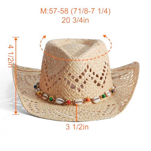 Image of Men's Cowboy Hats Summer Women Beach Cowgirl Hat Raffia Unisex Western Sun Hat