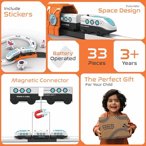 Image of BOOGYWOOGY Space-Themed Train Set | 33-Piece Battery-Operated Magnetic Train Toy with Lights & Sounds | DIY Educational Railway Track Set for Kids 3+ | Fun Space Train Toy | Made in India, Multicolor
