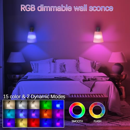 Image of Battery Operated Wall Sconce Set of 2,Gold Rechargeable Wall Lights with Lampshade Dimmable RGB Bulbs and Remote,15 Colors Wireless Wall Lamps for Bedroom Living Room (Black)