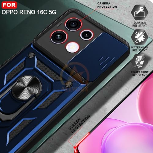 Image of Armor Bumper Back Cover Case for Oppo Reno 16C 5G Rotating Camera Cover, Ring Holder & Kickstand | Heavy Duty & 360 Degree Protection Back Cover for Oppo Reno 16C 5G (Blue)