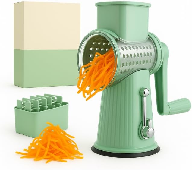 Rotatory Cheese Grater with Handle, Vegetable Chopper with 5 Blades & Strong Suction Base, Vegetable Cutter & Mandoline Slicer for Kitchen,Salad Maker, Carrot Shredder with Blade Storage Box