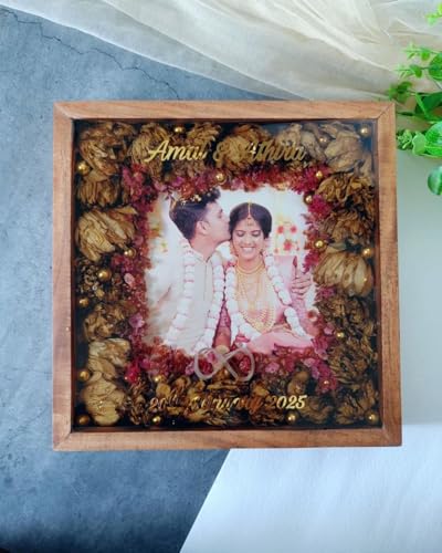 Image of Pinewood Handcrafted Varmala Preservation Frame with Acrylic Base | Wedding Garland Resin Art Frame | Anniversary & Wedding Gift for Couples (12x12 inch)