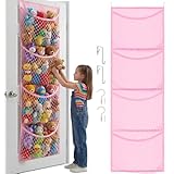 Over The Door Stuffed Animal Storage, Cotton Toy Organizer for Storage Plush Toys,Baby Supplies, Stuffed Animal Holder with 4 Large Pockets, Hanging Door Organizer for Nursery, Bedroom (Pink)