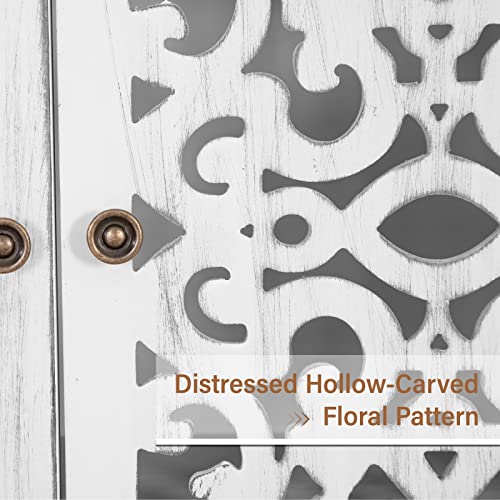 Mfstudio Accent Tall Wood Storage Cabinet Buffet Sideboard Hollow-Carved Floral 2 Doors Distressed Decorative For Living Room Kitchen Stand Entryway Hallway, 13.8" Dx31.5 Wx47.4 H, Blue #TOP3