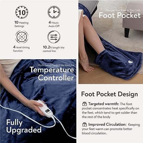 Image of Wapaneus Foot Pocket Heated Blanket Electric Throw with 10 Heating Levels and 4 Timer Settings 4 Hours Auto Shut Off, Flannel Fast-Heating Heated Throw 50 inch x 60 inch, Machine Washable, Dark Blue