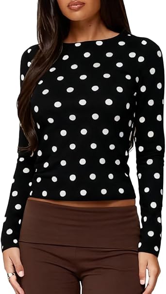 Women Polka Dot Long Sleeve Tops Crew Neck Slim Fit Shirt Tops Underscrub