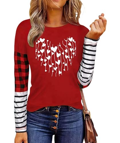 Camisetas divertidas para el día de San Valentín para mujer, diseño de corazón, a cuadros, de manga larga, rojo-2, M