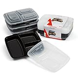 ChefLand New and Upgraded 3-Compartment Food Container with lid/Bento Box/Lunch Tray with Cover (10 Pack), Black