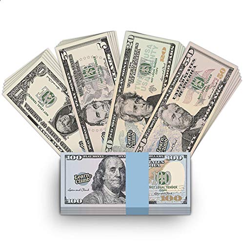 Learn & Climb Play Money Bills Set for Kids - 100 Bills $1, $5, $10, $20, $50, $100 Dollar Bills for Pretend Play, Counting and Math