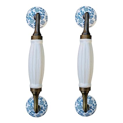 Maison Belle Ceramic Door Handle Gold Antique Finish - (Size 8.5 Inch, White - Blue Flower Hand Painted) - Hole to Hole 6.5 INCH (Pack of 1)