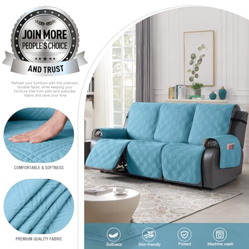 Image of TAOCOCO 100% Waterproof Recliner Sofa Covers 3 Seater Split Couch Covers for 3 Cushion Reclining Couch with Straps, Non Slip Reclining Sofa Covers Furniture Protector for Kids Pets(3 Seater, Sky Blue)