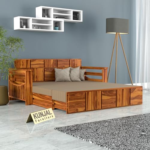 Kunjal Furniture Solid Sheesham Wood Sofa Cum Bed with Storage for Living Room | Natural Finish | 3-Seater Convertible Sofa Bed | Handmade Wooden Furniture