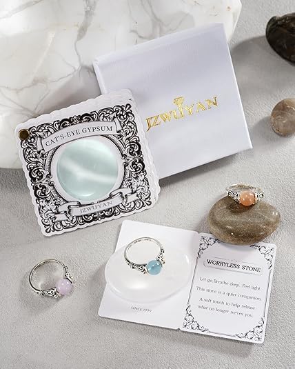 Decompression Swivel Ring - 925 Sterling Silver Natural Gemstone Ring with Amethyst, Moonlight, Obsidian, Garnet, Anxiety Relief Crystal Healing Jewelry Gift for Women Mom Daughter (Selenite Cat's Eye, 6)