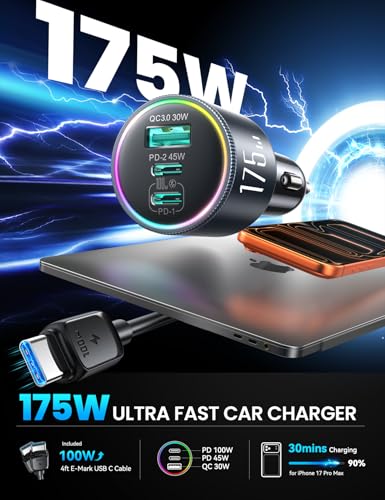 Image of JOYROOM 175W Super Fast Car Charger [GaN] 3-Port Car Charger USB C Fast Charge with USB-C Cable, Car Cigarette Lighter USB Charger for iPhone 17 /16 /15, Samsung S26 /25, Pixel 10, MacBook, iPad and More