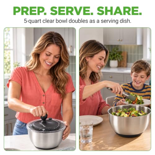 NutriChef 5 Quart Salad Spinner Set Stainless Steel | Includes 5 Interchangeable Slicing Blades, Wash Bowl, Hand Safety Guard & Egg Yolk Separator | Ideal for Salad Preparation & Food Washing | Black - Image 4