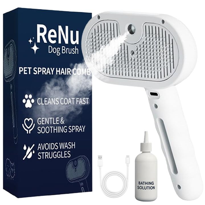 Fresh Fur Shower Brush 3 In 1 Self Cleaning Pet Spray Hair Removal Comb Pet Steamy Shower Brush + Bathing Solution Removes Loose Hair & Reduces Shedding for Long & Short Haired Pets (White)