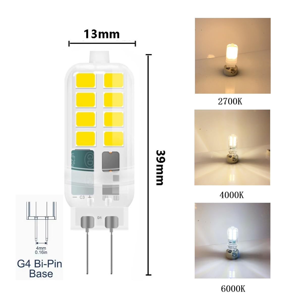 Ampoule LED G4 12v3w, 2835smd sans scintillement, 2700k/4000k/6000k en option, adapté aux lustres (3w-10pcs/blanc 6500K)